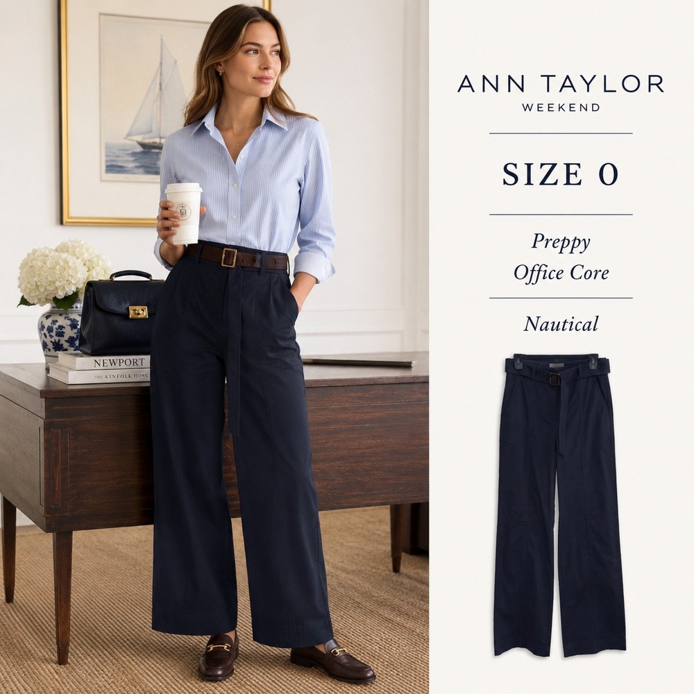 Ann Taylor Wide Leg Pants Womens 0 Navy Blue Solid Belted High Rise New Preppy